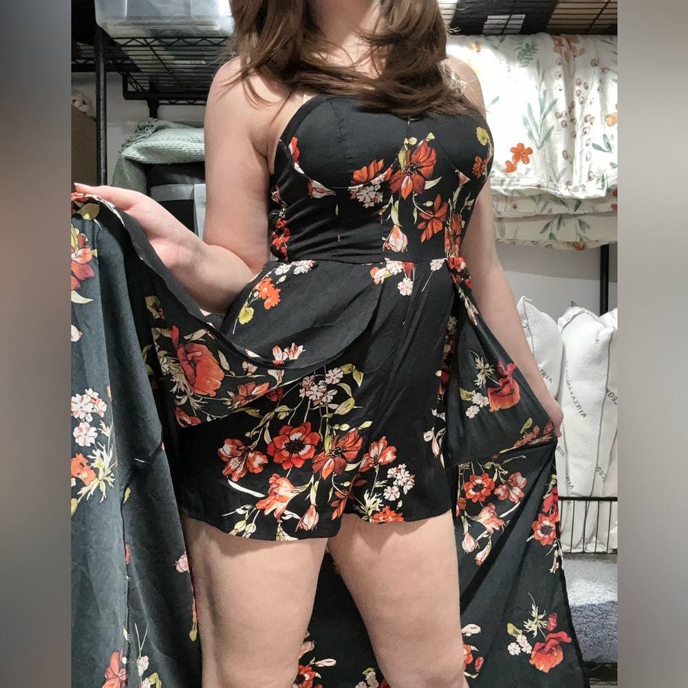 Dramatic Floral Romper With Skirt Cape